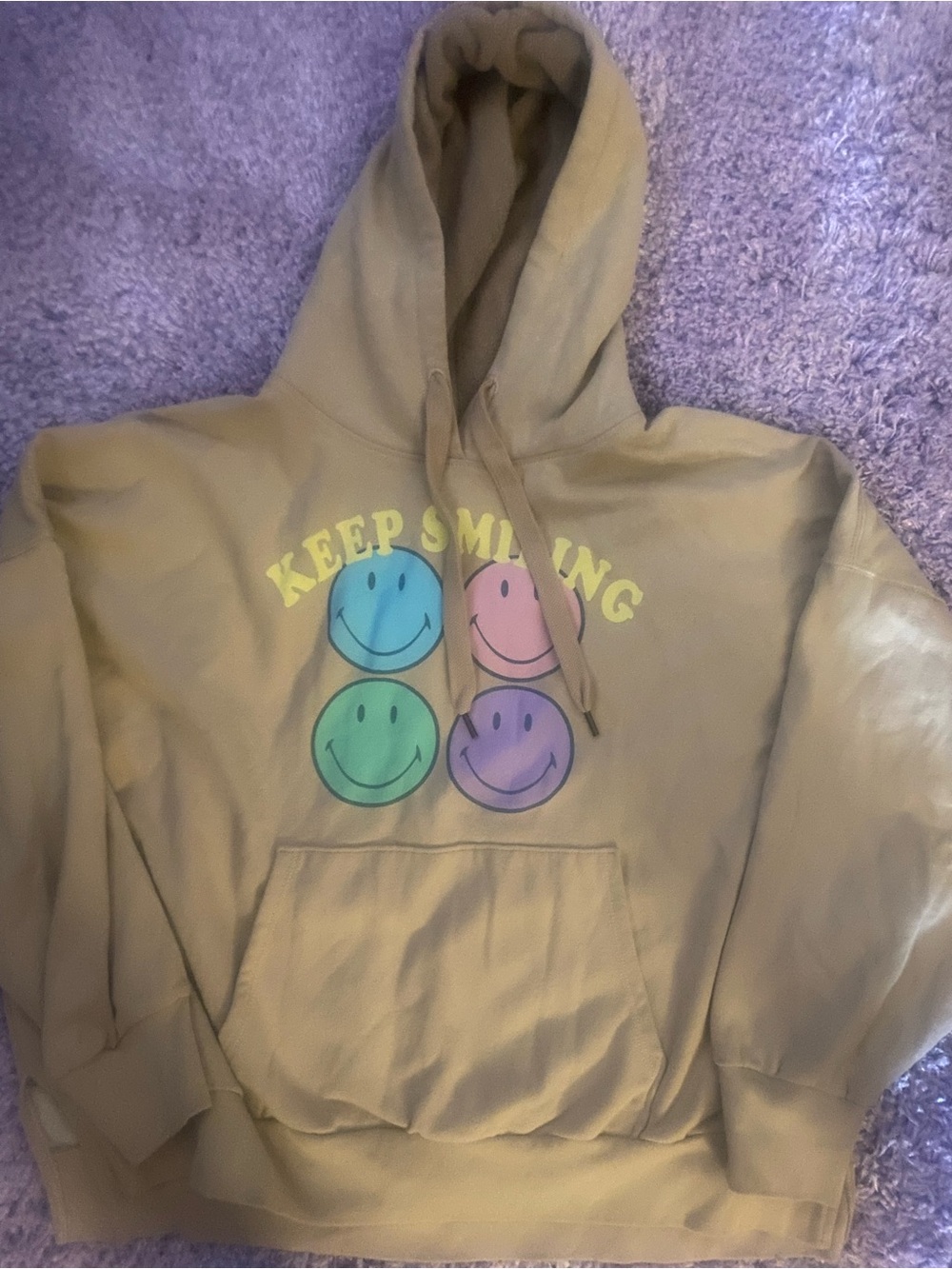 American Eagle Outfitters Tan Hoodie with Multicolor Smiley Faces